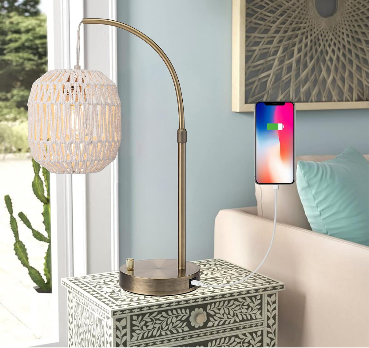Tall Industrial Gold Rattan Table Bedside Lamp for Bedroom with USB Charge Port, Boho Woven Nightstand Lamp Home Office Couch Side Living Room Decoration Desk Lamp Gold & White