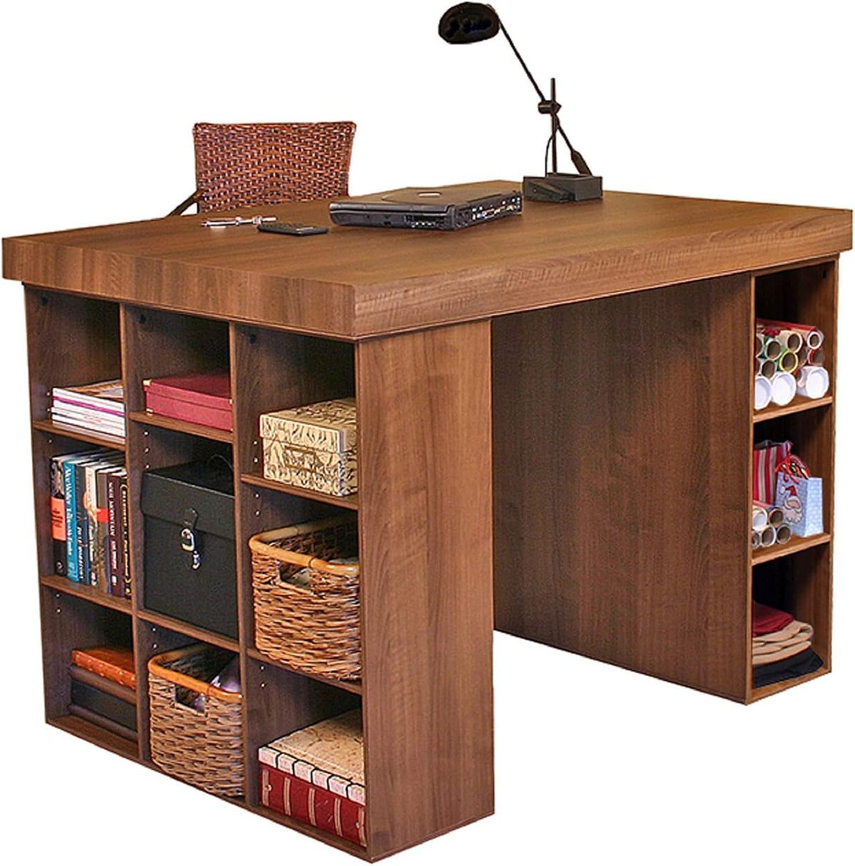 Project Center Desk with Bookcase and 3 Bin Cabinet-Walnut