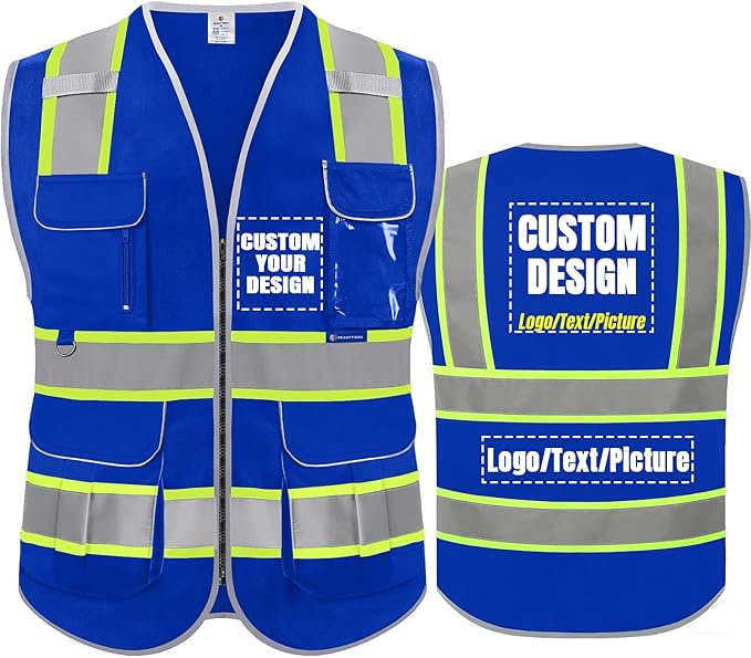 BeautyWill Custom Logo Safety Vest 8 Pockets Class2 ANSI Certified High Visibility Reflective Vest for Men - Personalized Logo Heavy-Duty Work Vest（Blue，3XL）
