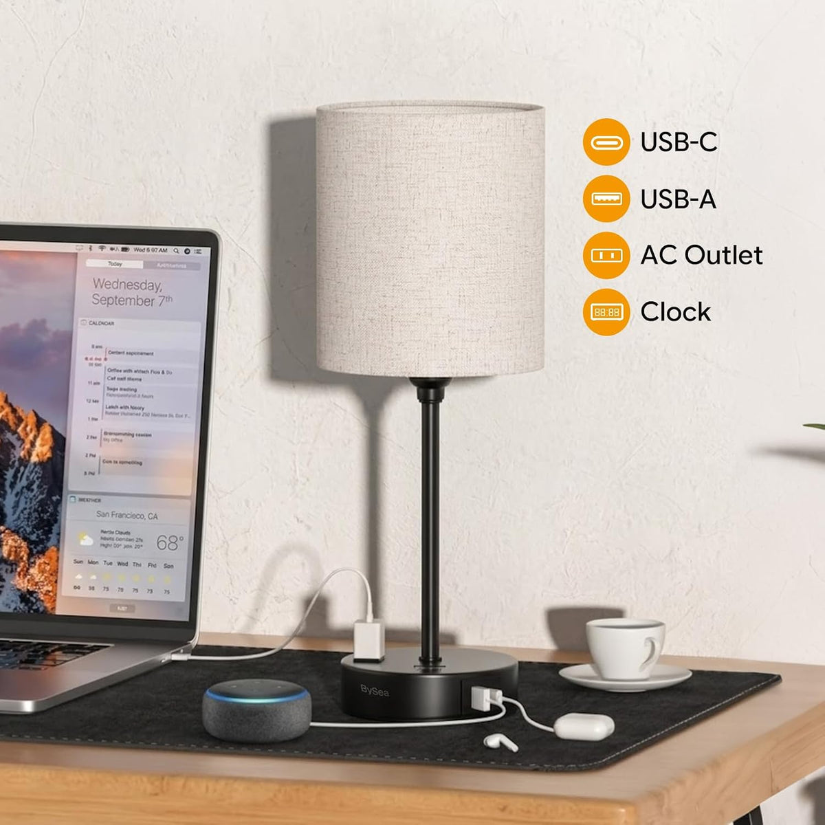 BySea Bedside Table Lamp with Clock, Remote, Touch On/Off, USB & AC Outlet