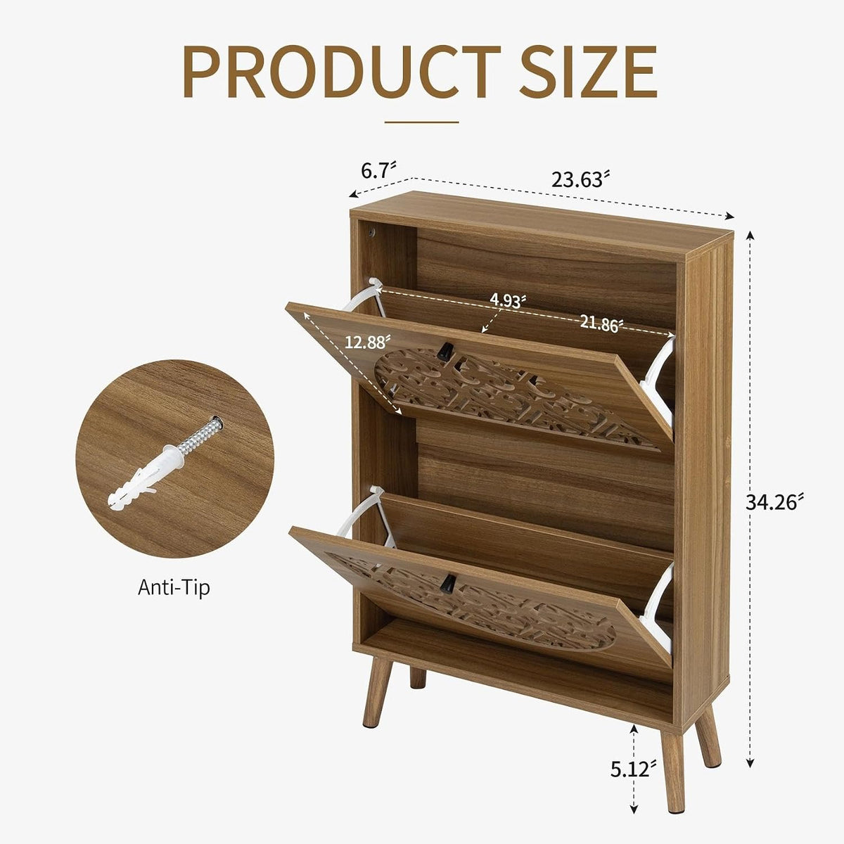 vistavie 6.7" Walnut Ultra-Slim Shoe Cabinet with 2 Flip Drawers,Heart-Shaped Hollow-Carved Entryway Shoe Storage Organizer, Mid-Century Modern Free-Standing Shoe Rack with Solid Wood Legs