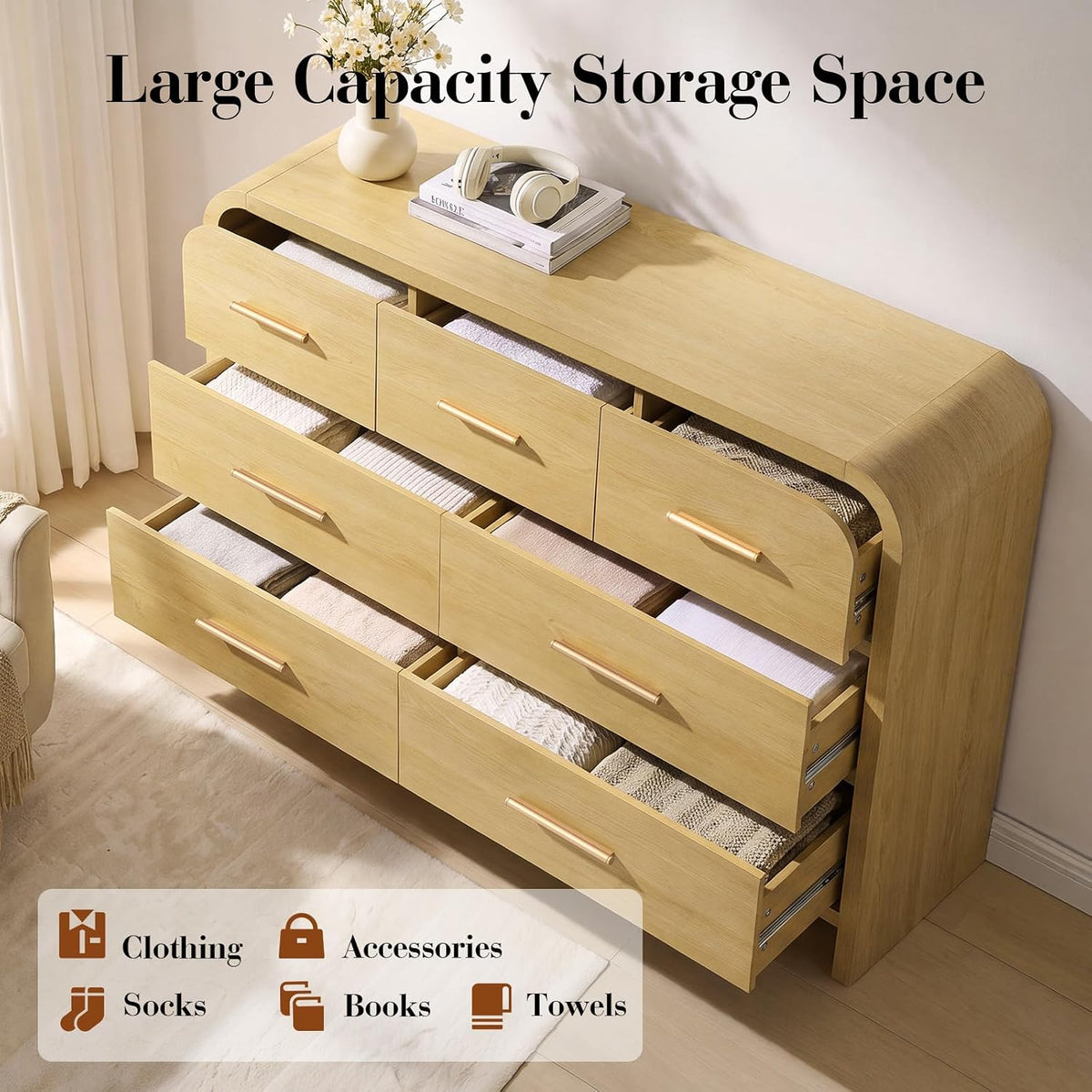 Curved Drawer Dresser for Bedroom with 7 Drawers, 54'' Wide Chest of Drawer