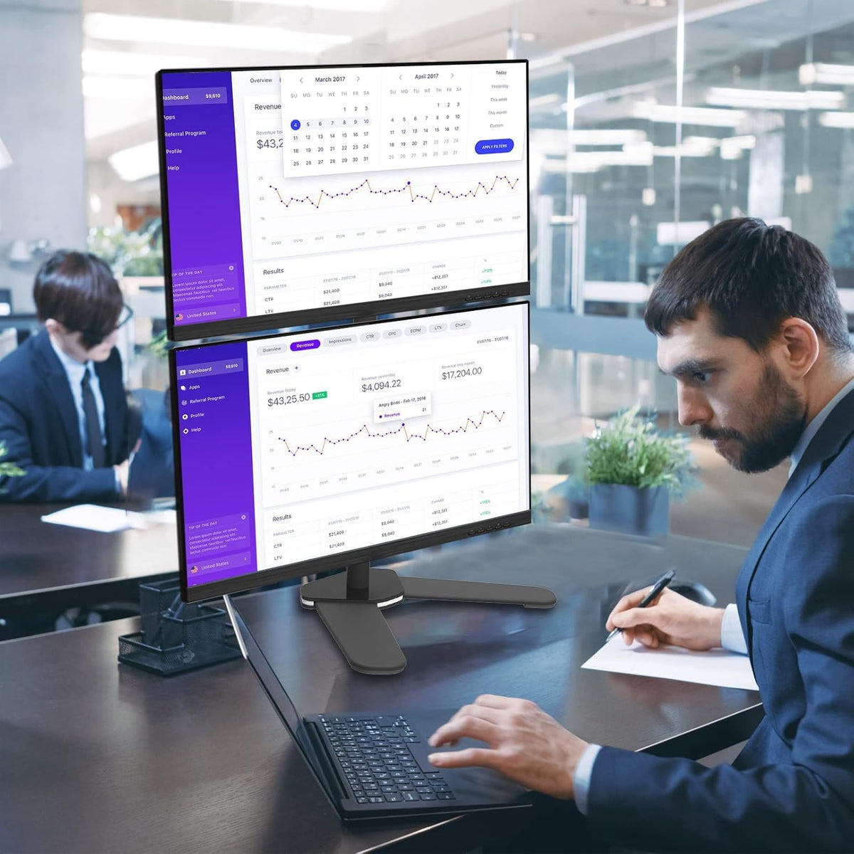 Suptek Dual LED LCD Monitor Stand up Free-Standing Desk Mount for 2 / Two Screens up to 32 inch Extra Tall 31.5 inch Pole Heavy Duty Fully Adjustable Stand Vertical Array (ML6802)