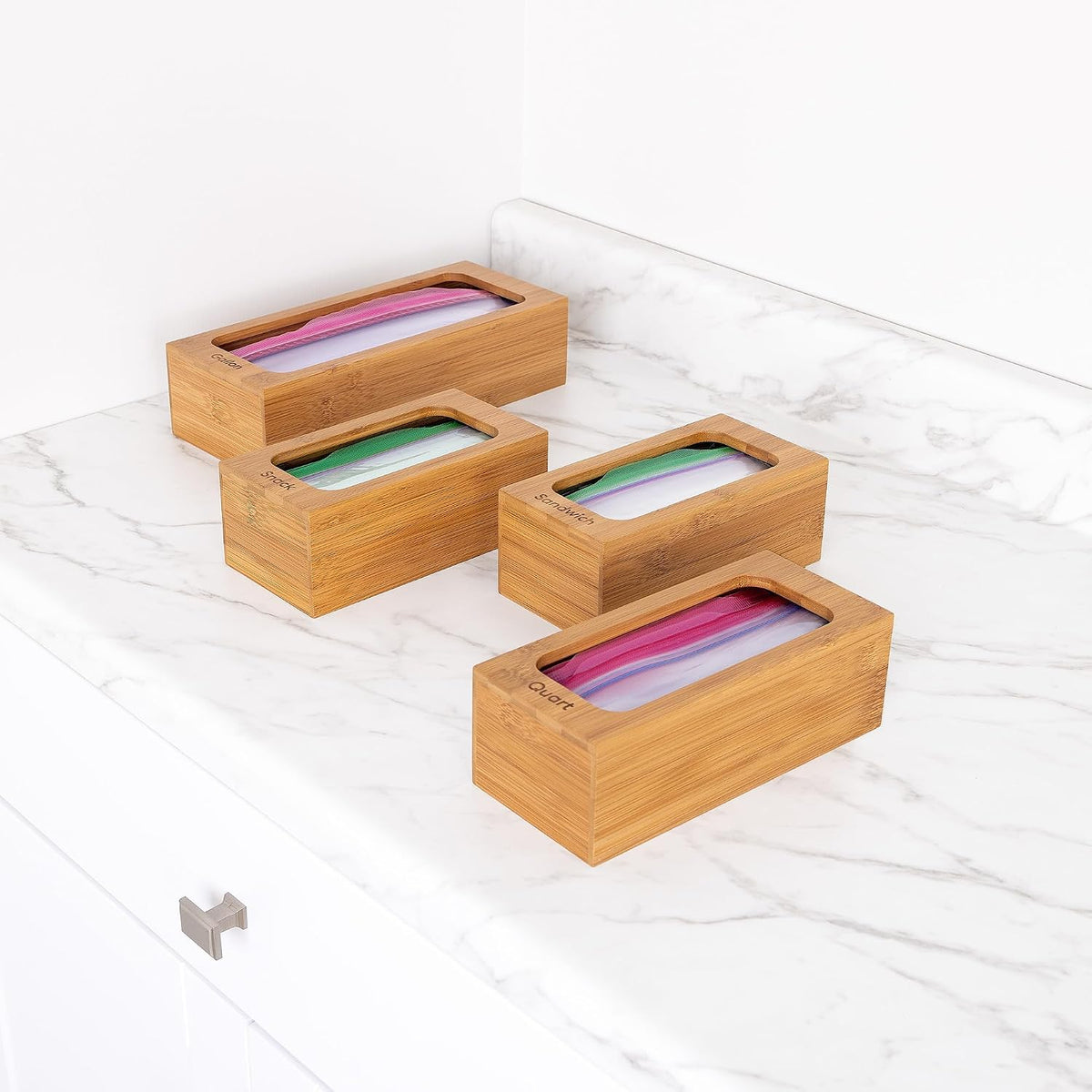 Seville Classics Bamboo Premium Organizer Storage Bins for Kitchen Silverware, Pantry, Closet, Office Desk, Pens, Utensils, Makeup, K Cup, Bamboo, Bag Holder Bin Set (4 Piece)