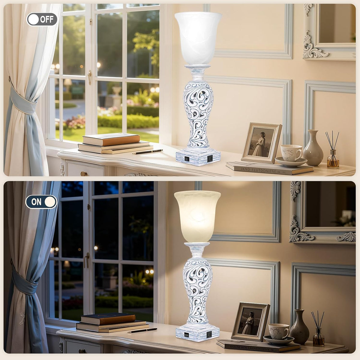 3-Way Dimmable Table Lamp with 2 USB Charging Ports, Washed Blue Finish
