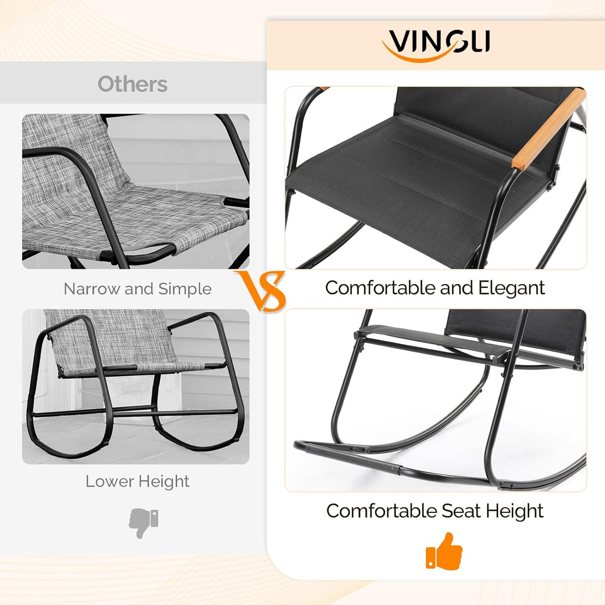 VINGLI Outdoor Rocking Chair, Textilene Mesh Patio Rocker, Outdoor Rocker with Footrest, Pillow, All Weather Porch Rocker for Garden, Living Room, Patio, Lawn (Black, with footrest)