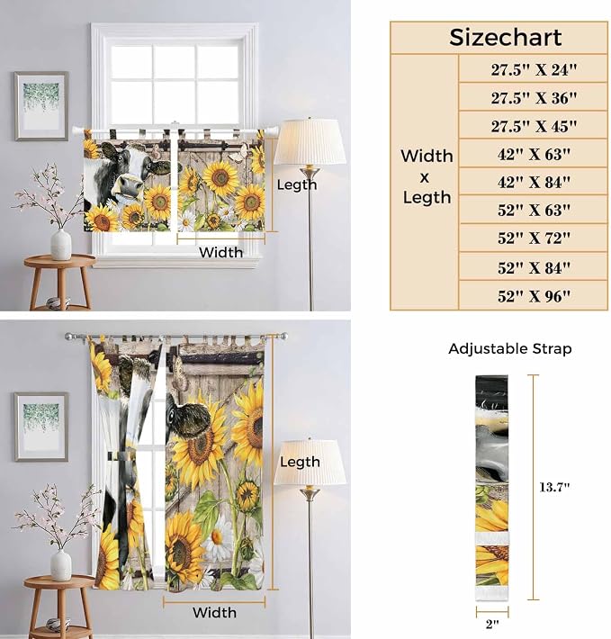Retro Farmhouse Flower Bathroom Curtains 63 Inch Length, Window Curtains Tab Top