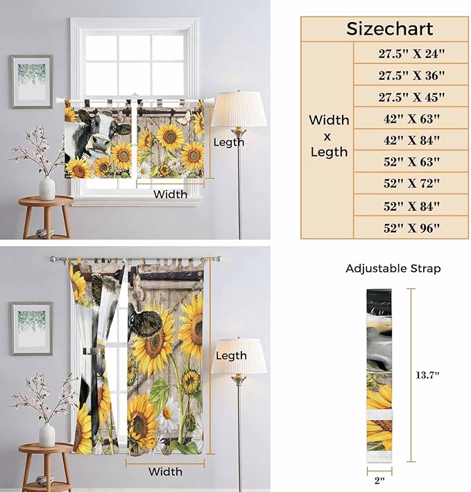Retro Farmhouse Flower Bedroom Curtains 63 Inch Length, Window Curtains Tab Top