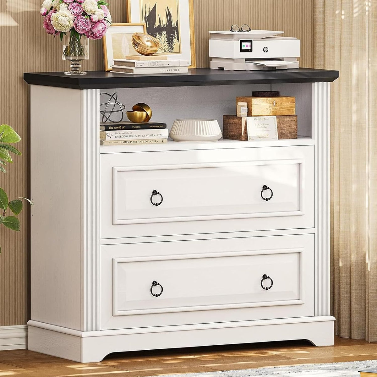 Itaar 2 Drawer File Cabinet, Farmhouse Filing Cabinet for Home Office Fits Letter, Legal, A4 Size, Wood Lateral File Cabinet with Printer Stand, Storage Shelf, White