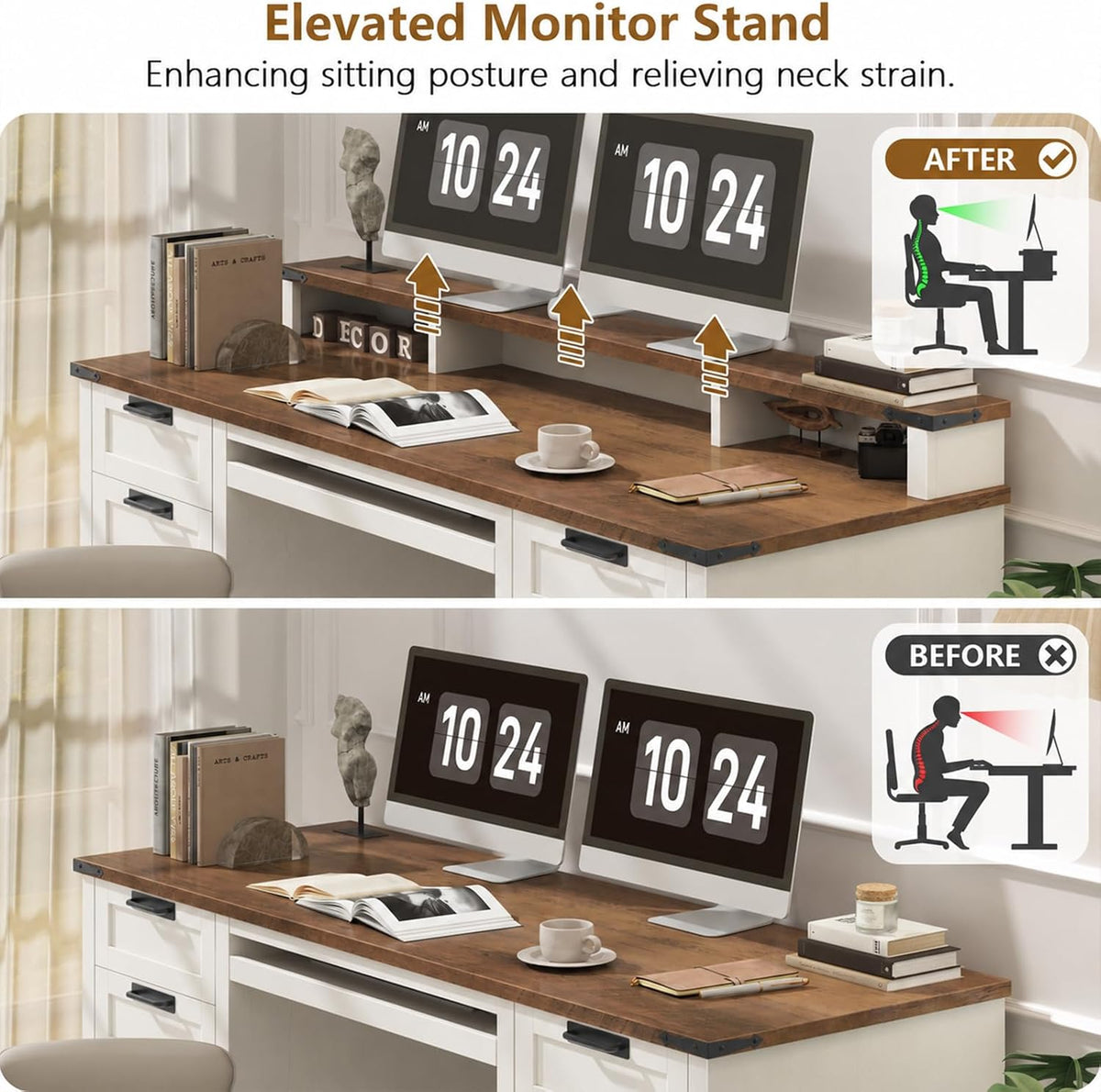 Halitaa 60" Farmhouse Executive Desk with 8 Drawers, Rustic White and Brown