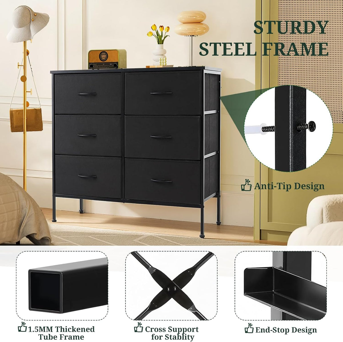 6-Drawer Dresser for Bedroom, Anti-Tip Wide Storage Organizer