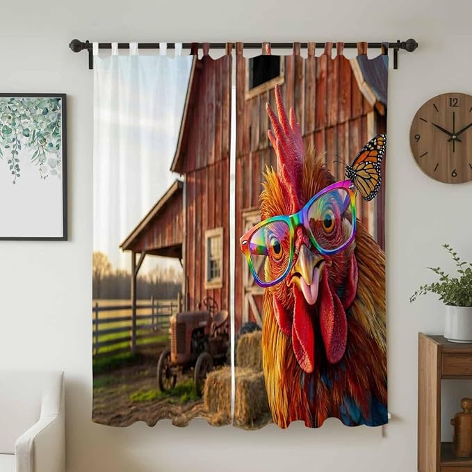 Farm Rooster Living Room Curtains 96 Inch Length, Window Curtains Tab Top