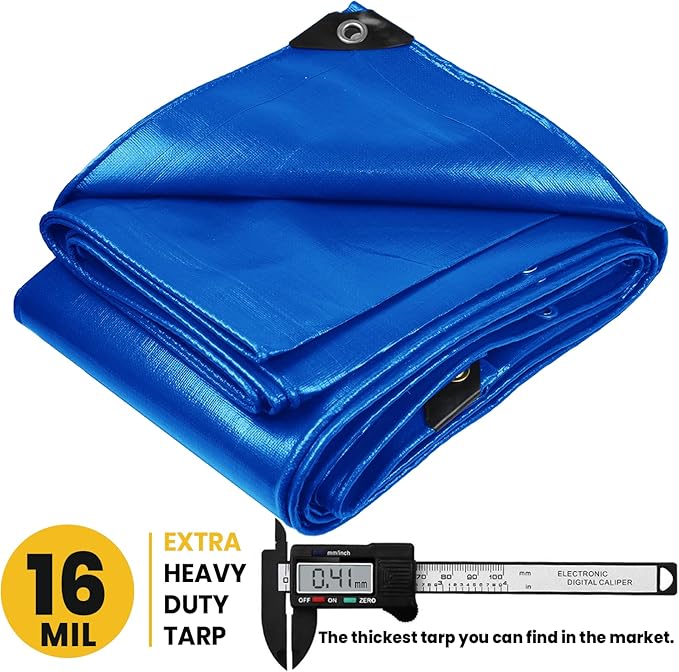 PROTARP Extra Heavy Duty 16 Mil Tarp Cover, Waterproof, UV Resistant, Rip and Tear Proof, Poly Tarpaulin with Reinforced Edges for Roof, Camping, Patio, Pool, Boat. (Blue 40′ X 40′)
