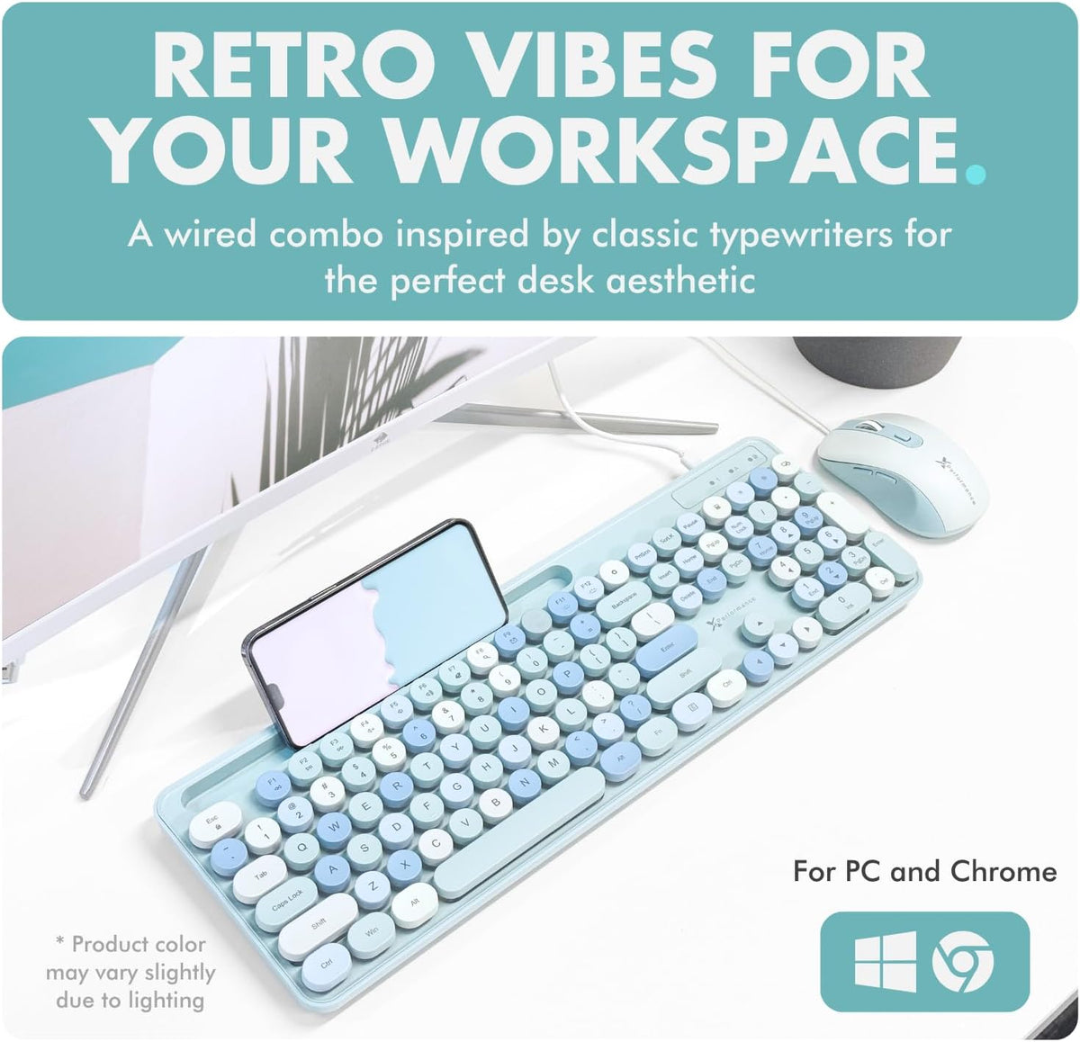 X9 Wired Keyboard and Mouse Combo with Backlight - Retro Typewriter Round Keycaps, Phone/Tablet Dock, 109 Fullsize Keys, Cute Colorful Blue Keyboard, Pastel Keyboard for Laptop, PC and Chromebook