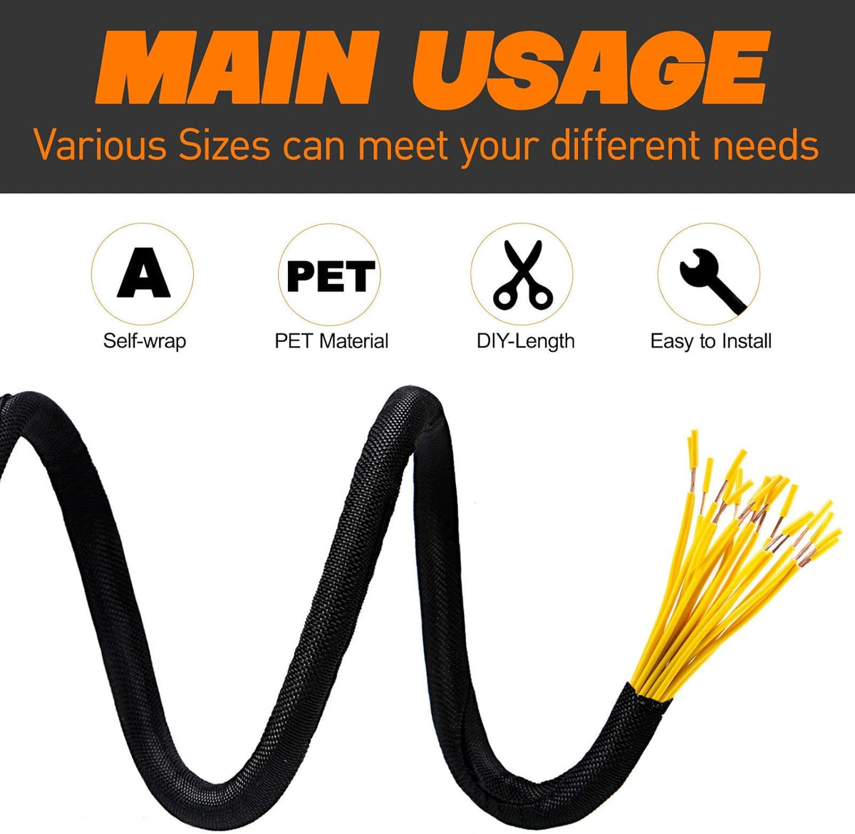 Split Braided Sleeve Cable Management Wire Loom Cord Covers for High-Temperature Automotive Harness and Home Cable Management, 12ft - 1 inch Self-Wrapping Tubing Cord Protector
