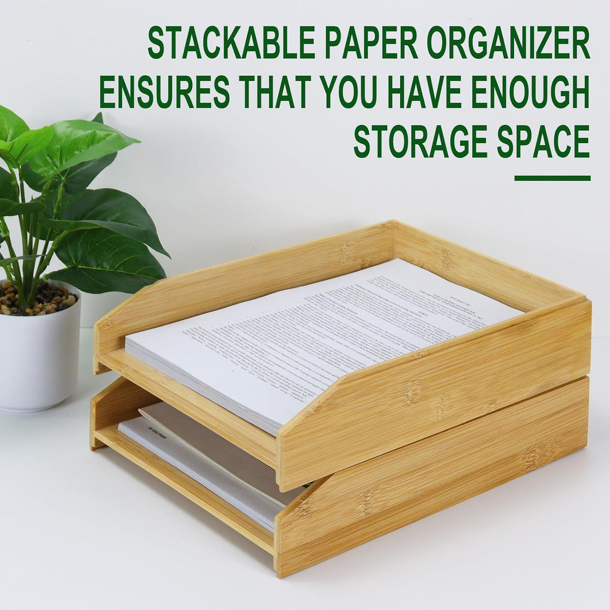 MultiBey A4 Bamboo Stackable Paper Tray 2-Pack - 2-Tier Desk Organizer