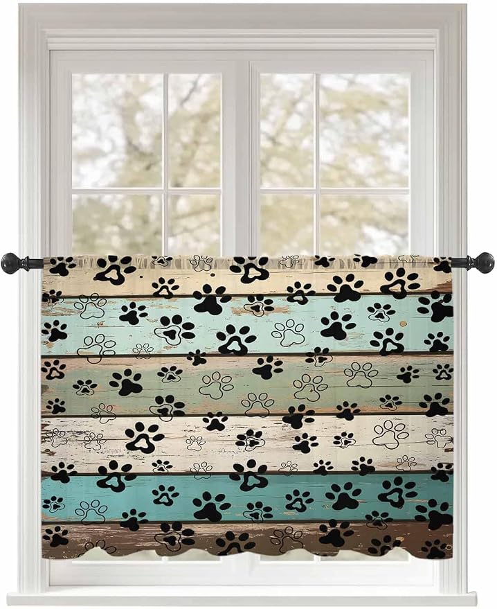 Sheer Curtains 45 Inch Length, Sage Green Brown Paw Prints Semi Sheer Curtains