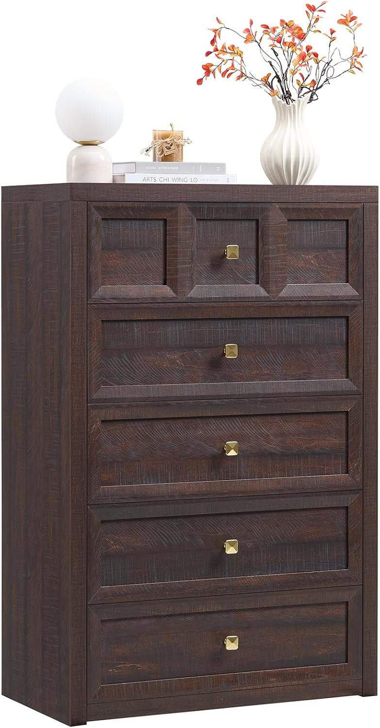 5 Drawers Dresser for Bedroom, 45.7" Tall Large Dresser & Chests of Drawers with Metal Handle, Clothes Storage Organizer w/Natural Texture for Bedroom, Brown