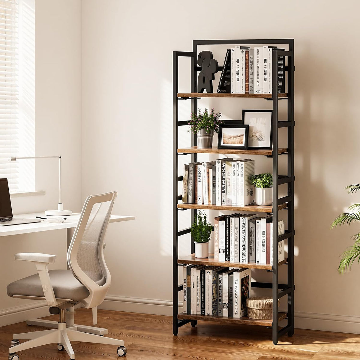 NUMENN 5-Tier Folding Bookshelf, Splits Into 2 Units, Vintage