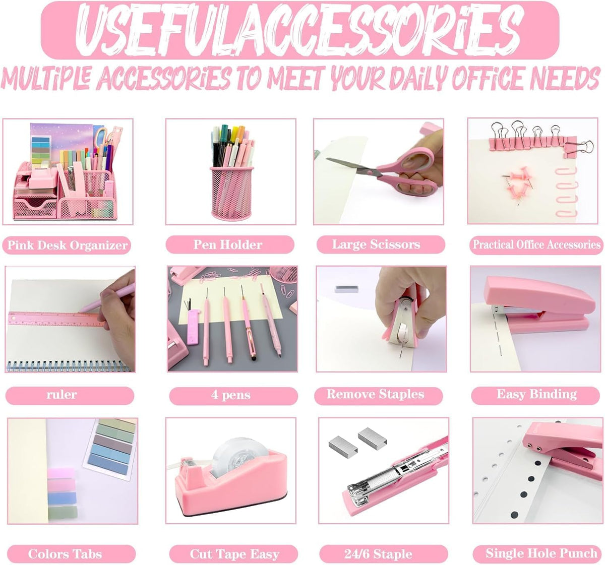Pink Office Supplies, 17Pcs Pink Desk Accessories Set Include Stapler, Mesh Desk Organizer, Tape Dispenser, Staple Remover, Pen Holder, Clips, Pens, Ruler, for Office Home School Women Students Gift