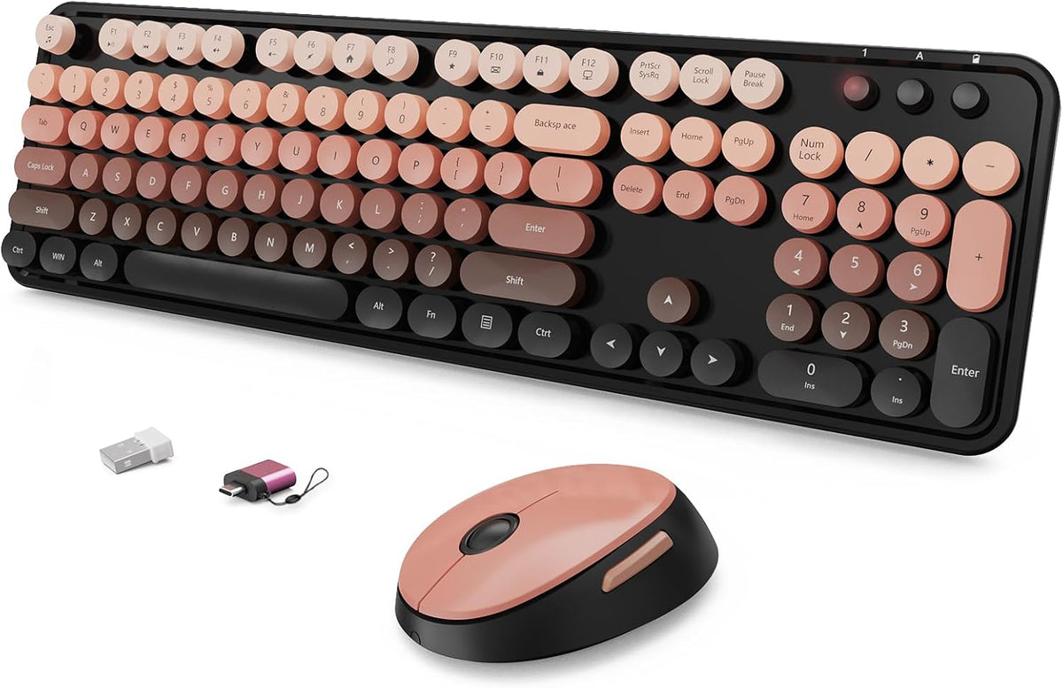 SkyGive Wireless Keyboard and Mouse Combo, Ergonomic Full Size Typewriter Retro Round Keycaps Keyboard, Compatible with Windows, PC, Perfect for Home and Office Keyboards (Aurora Red)