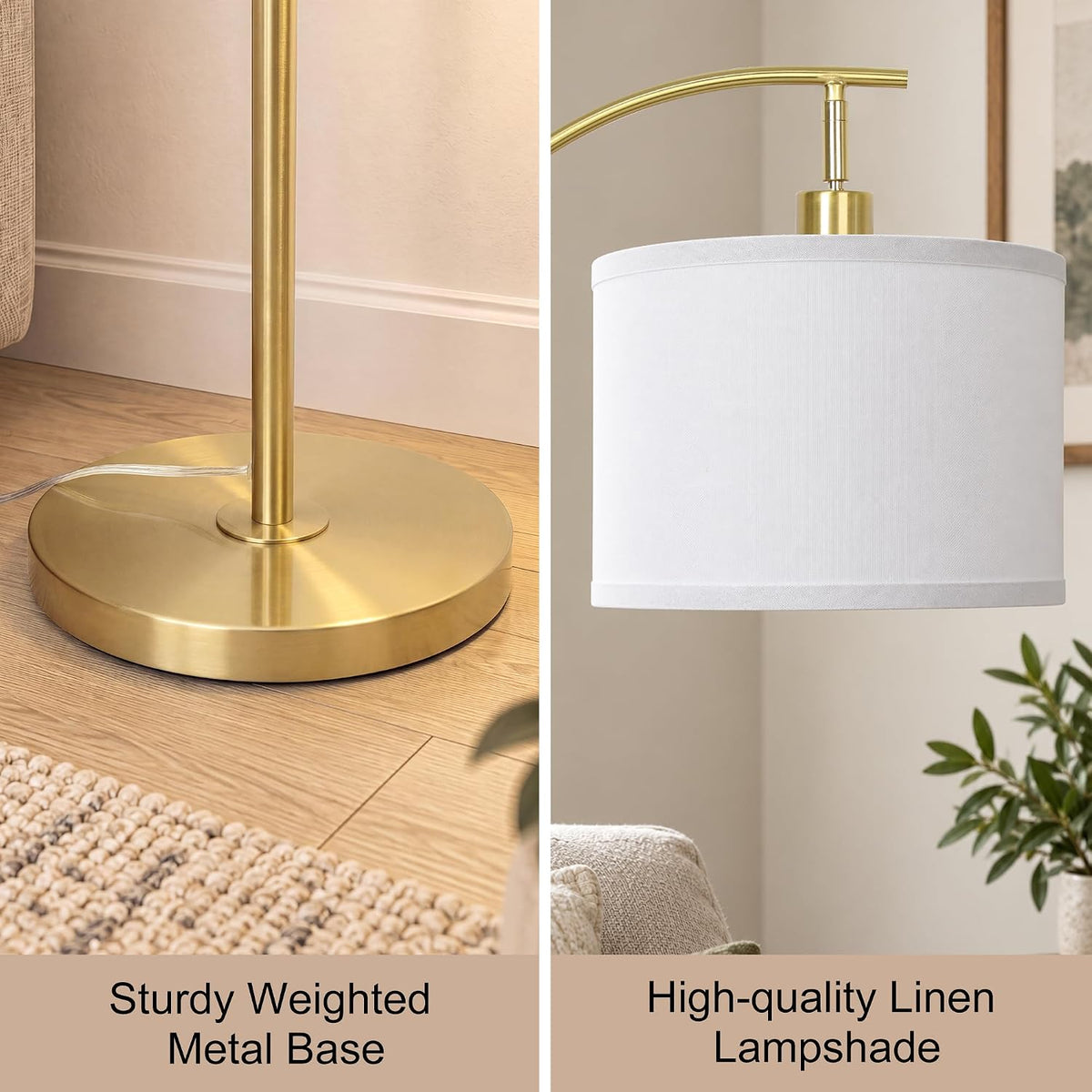 Upgraded Gold Arc Floor Lamp Adjustable Height 55-63in, 3 Color 9W LED Bulb