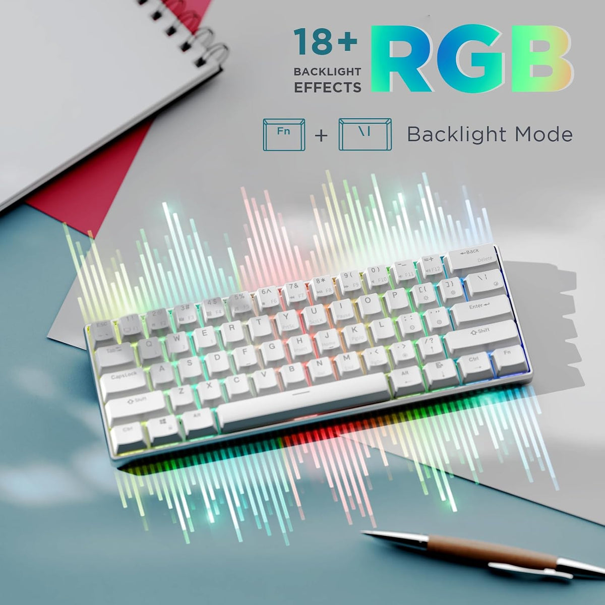 RK ROYAL KLUDGE 60% Mechanical Keyboard RK61 Pro, Wired Gaming Keyboard Aluminum Frame, Programmable RGB Backlit 61 Keys Ultra-Compact, Gateron Brown Switch, White