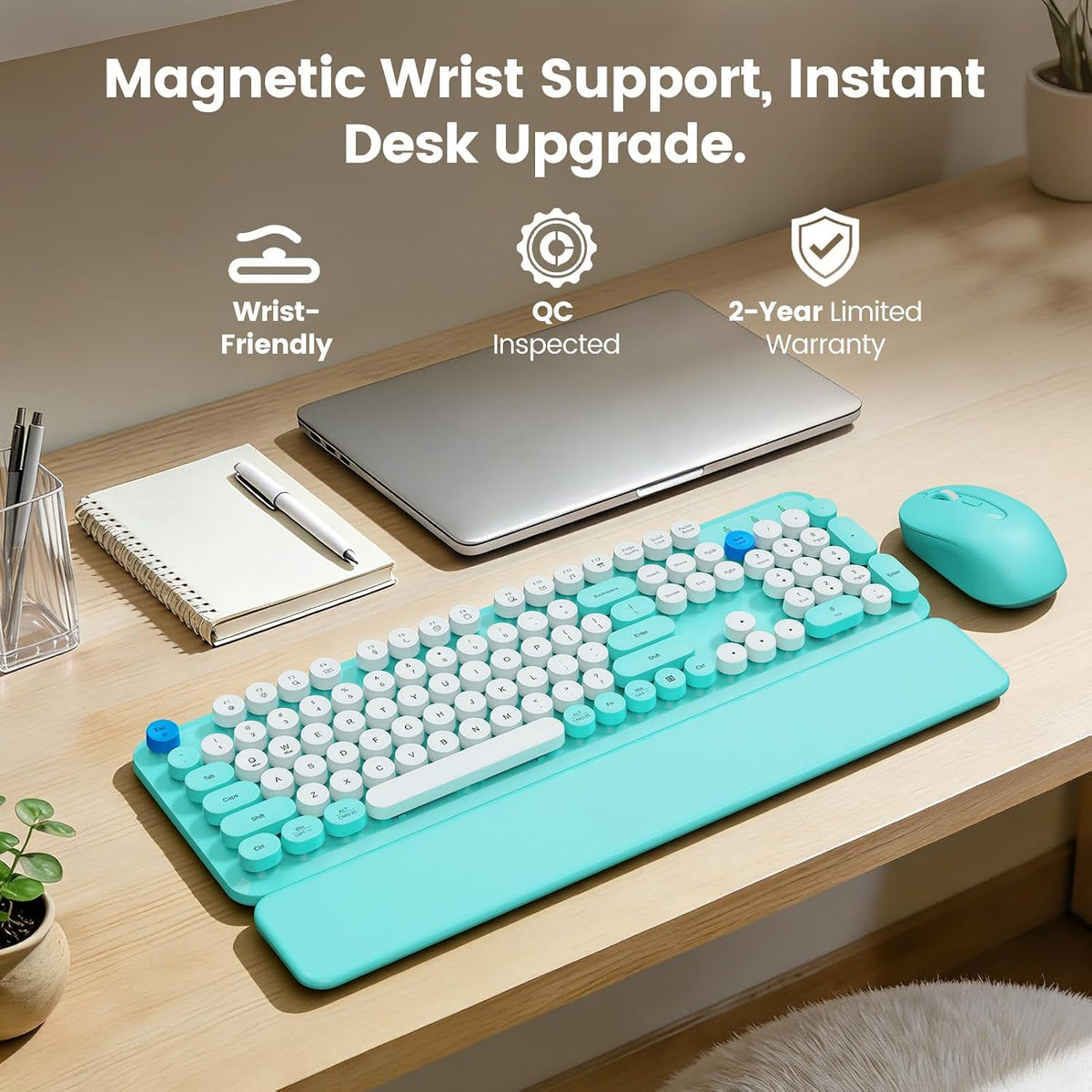 Wireless Keyboard Mouse Combo, Magnetic Wrist Rest, Round Keycap, Aqua Blue