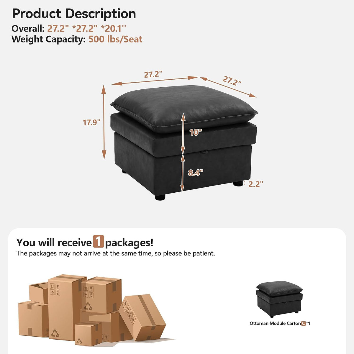 27" Black Faux Leather Storage Ottoman, Large Square Footrest for Couch