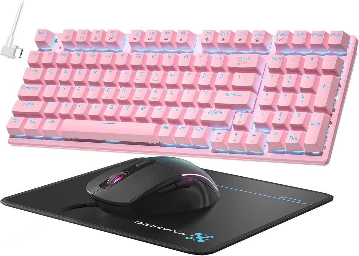 Mechanical Gaming Keyboard and Mouse, LED Backlit 98-Key Floating Keycap & 4 DPI RGB Gaming Mouse with Mouse Pad, Full Anti-Ghost Light Up Wired Computer Keyboards for MAC PC Gamer Accessories, Pink