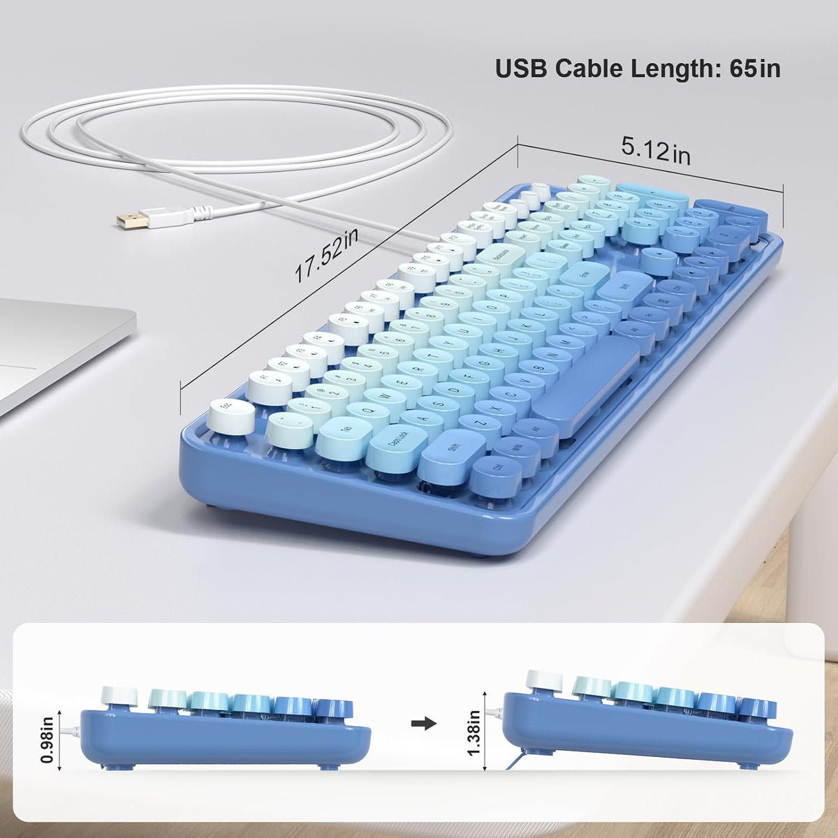Wired Retro Keyboard, 104 Keys Full-Sized Typewriter Keyboards, Office Keyboard with Number Pad, Foldable Stands for Windows, PC, Laptop, Desktop (Blue Gradient)