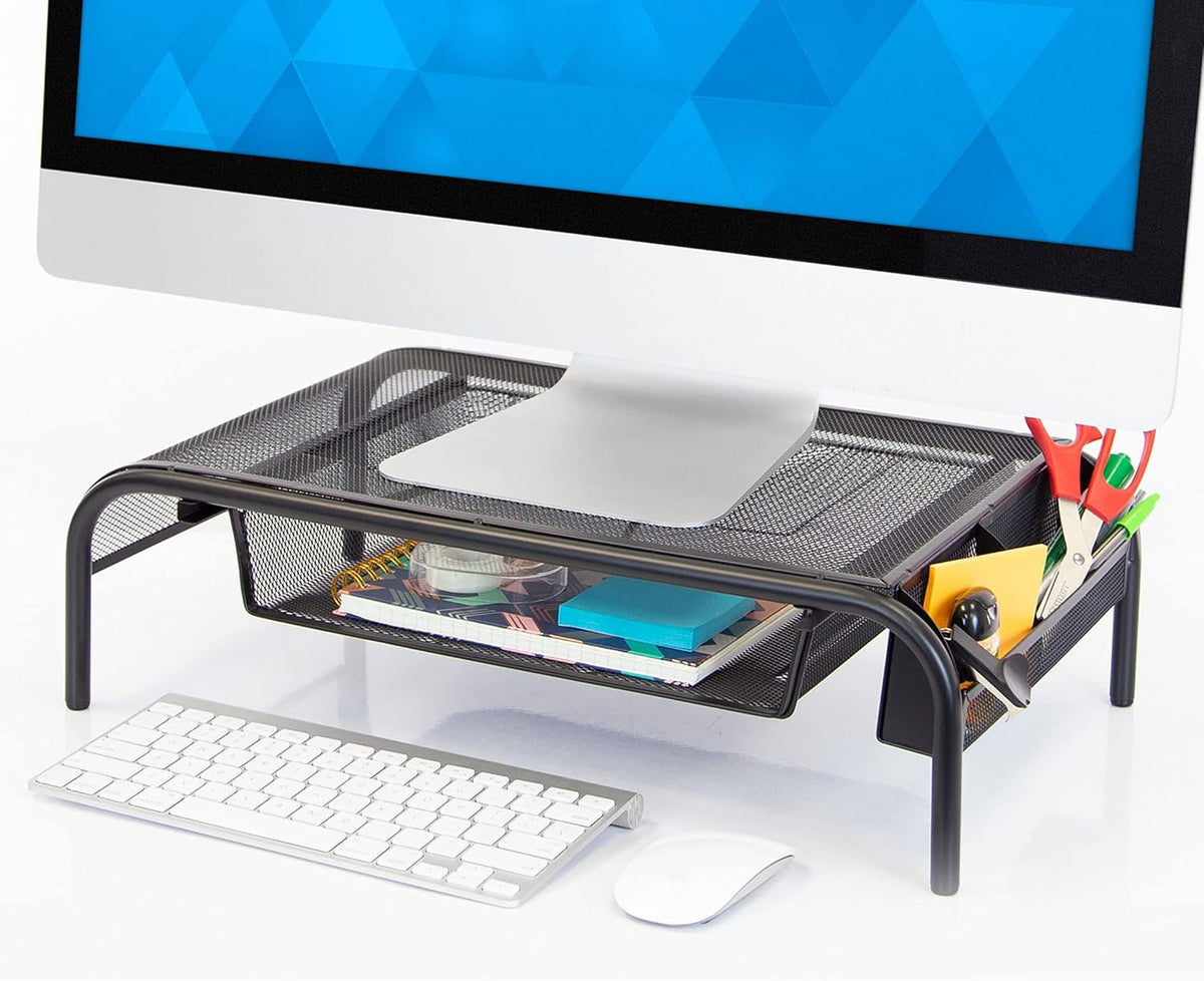 Mount-It! Metal Mesh Monitor Stand with Drawer, Ergonomic Desk Organizer and Riser for Monitors and Laptops, Desktop Stand with Extra Storage and Side Pocket, Black