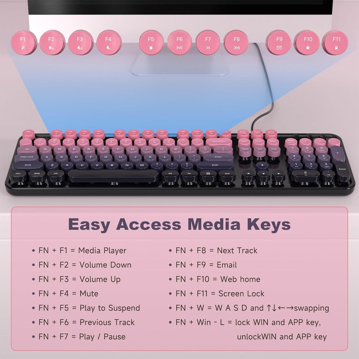 Wired Retro Keyboard, 104 Keys Full-Sized Typewriter Keyboards, Office Keyboard with Number Pad, Foldable Stands for Windows, PC, Laptop, Desktop (Plum Pink Gradient)