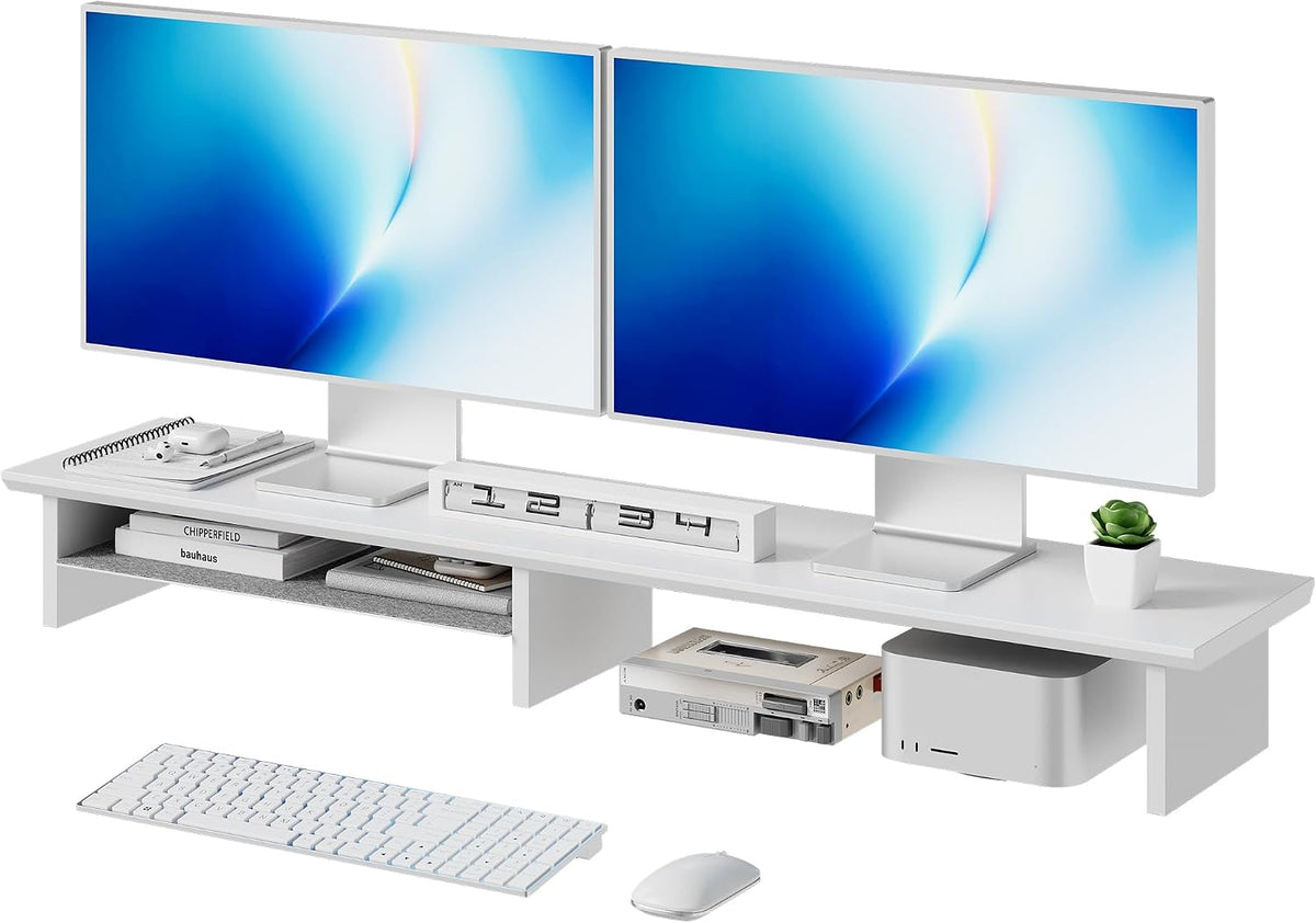 FENSULN Dual‑Tier Monitor Stand for Minimalist Wooden and Metal Riser Shelf Desktop Stands Organizer with Underneath Storage for Dual Monitors, Laptops, Home Office Aesthetic White