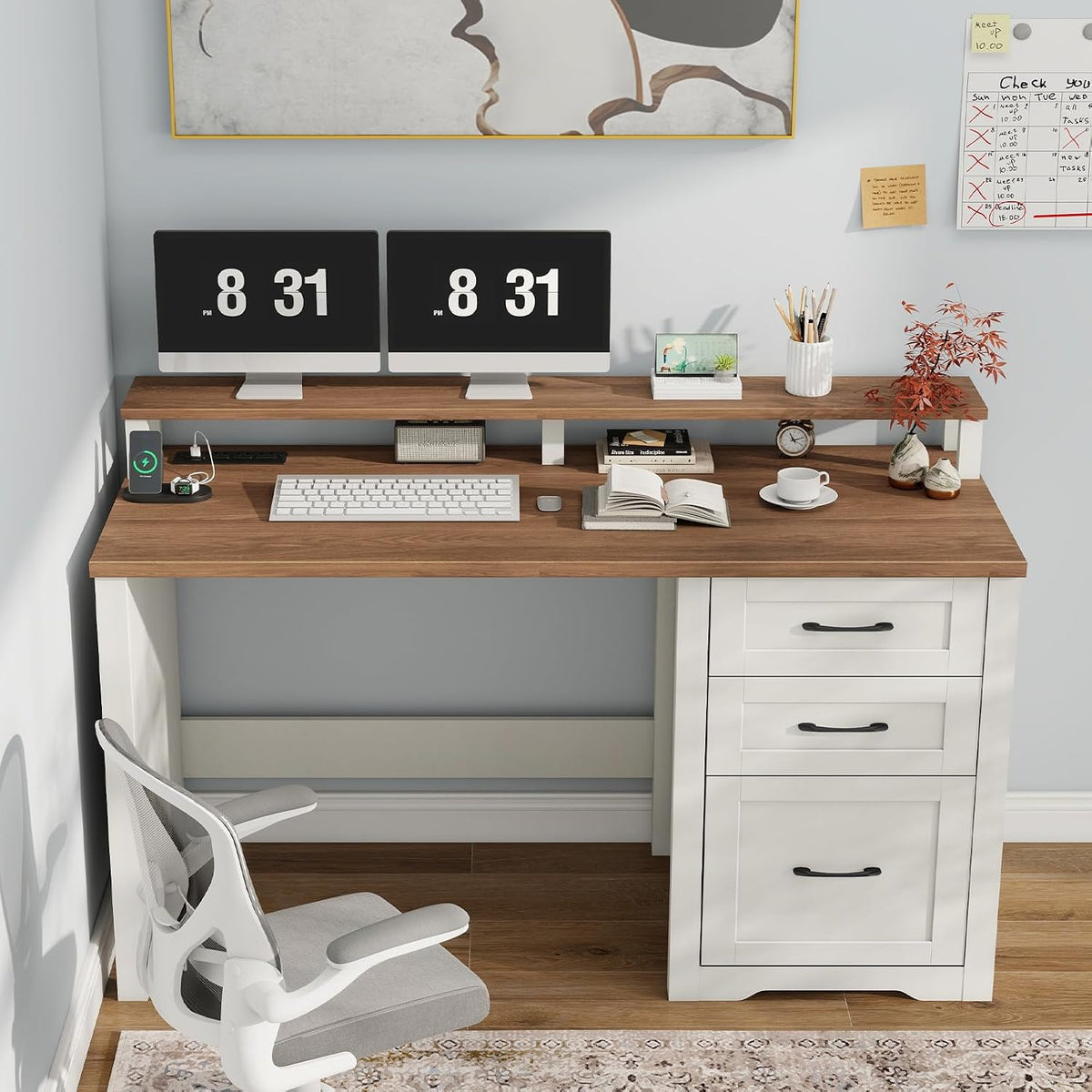 Vabches 47" Farmhouse Executive Desk with 3 Drawers,LED Lights,Unique White