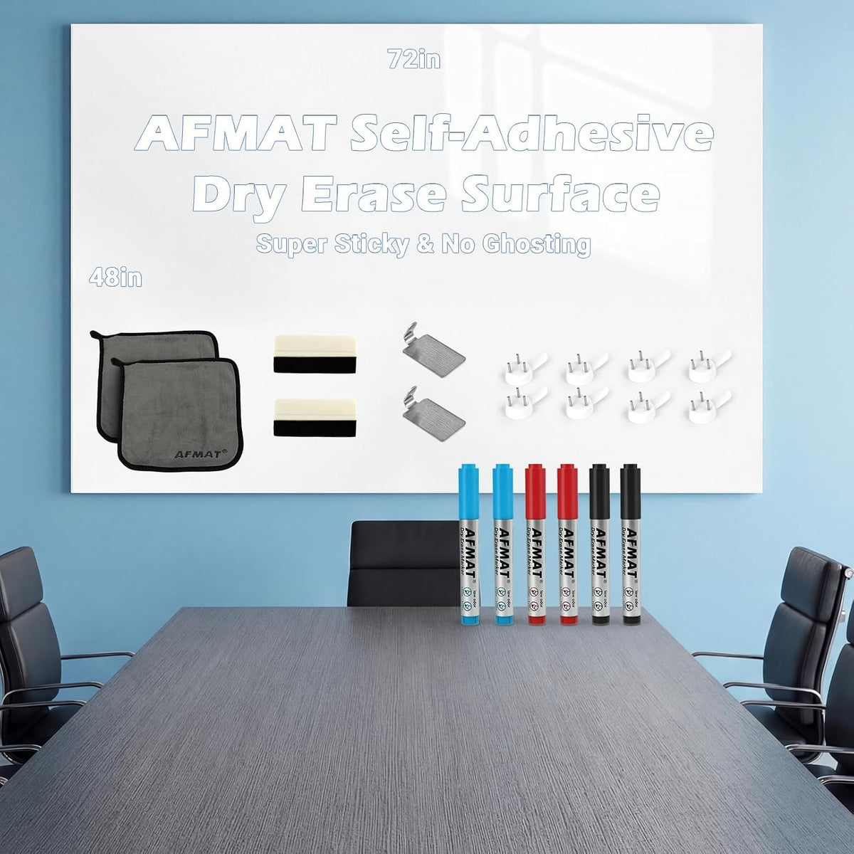 AFMAT WS46 White Board Dry Erase Paper, Large Whiteboard Wallpaper, with 6 Markers, Stain-Proof & Super Sticky, No Ghost, 6' x 4' Peel and Stick Dry Erase Board Paper for Wall/Home/Office