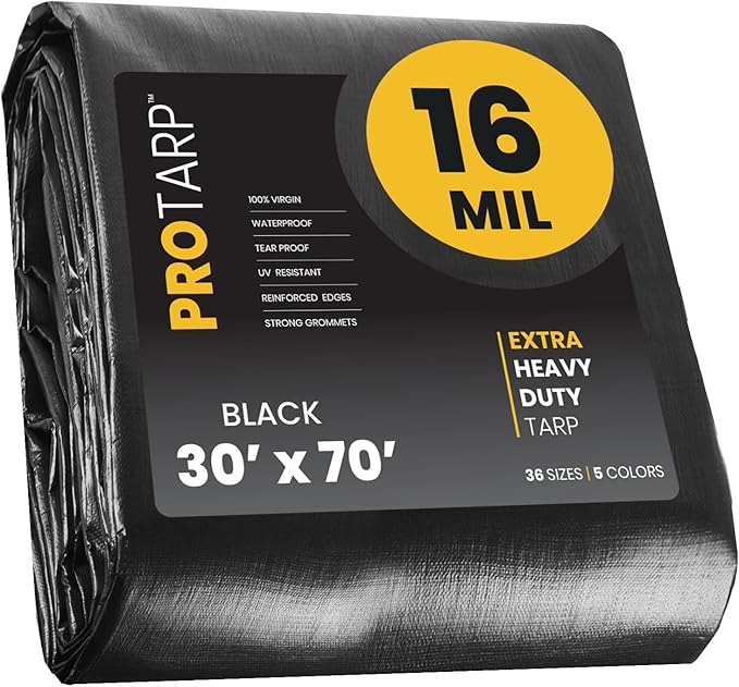 PROTARP Extra Heavy Duty 16 Mil Tarp Cover, Waterproof, UV Resistant, Rip and Tear Proof, Poly Tarpaulin with Reinforced Edges for Roof, Camping, Patio, Pool, Boat. (Black 30′ X 70′)