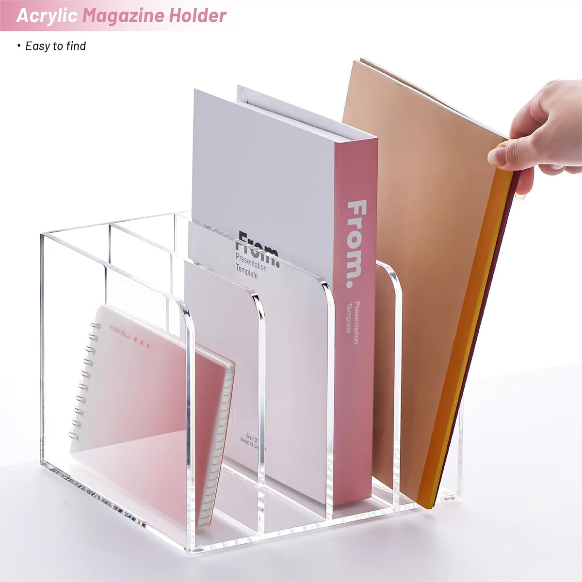 YUXUN Acrylic Magazine Holder,4 Slots Desk Organizer Clear File Organzier
