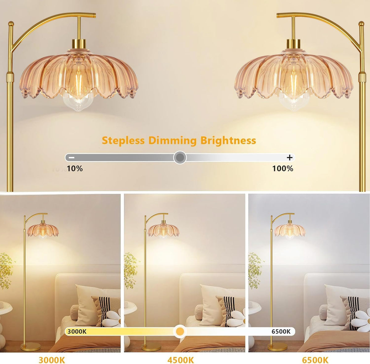 QIYIZM Glass Floor Lamp for Living Room,Bedroom,Gold Dimmable Standing Lamp with Remote,Mid Century Modern Brass Tall Lamp Boho Floor Lamps Arc Stained Flower Floor Light Lamp Bohemian