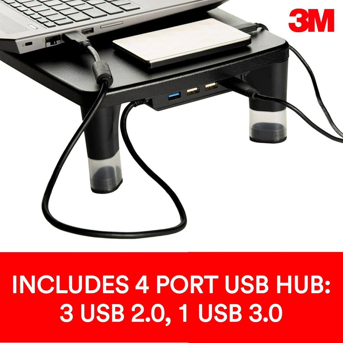 3M Monitor Computer Stand, 21.6 in x 9.4 in, 4 Port USB Hub