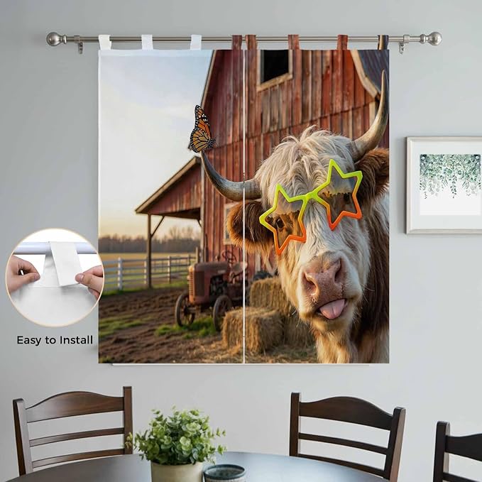 Farm Yaks Bedroom Curtains 72 Inch Length, Window Curtains Tab Top, Farmhouse