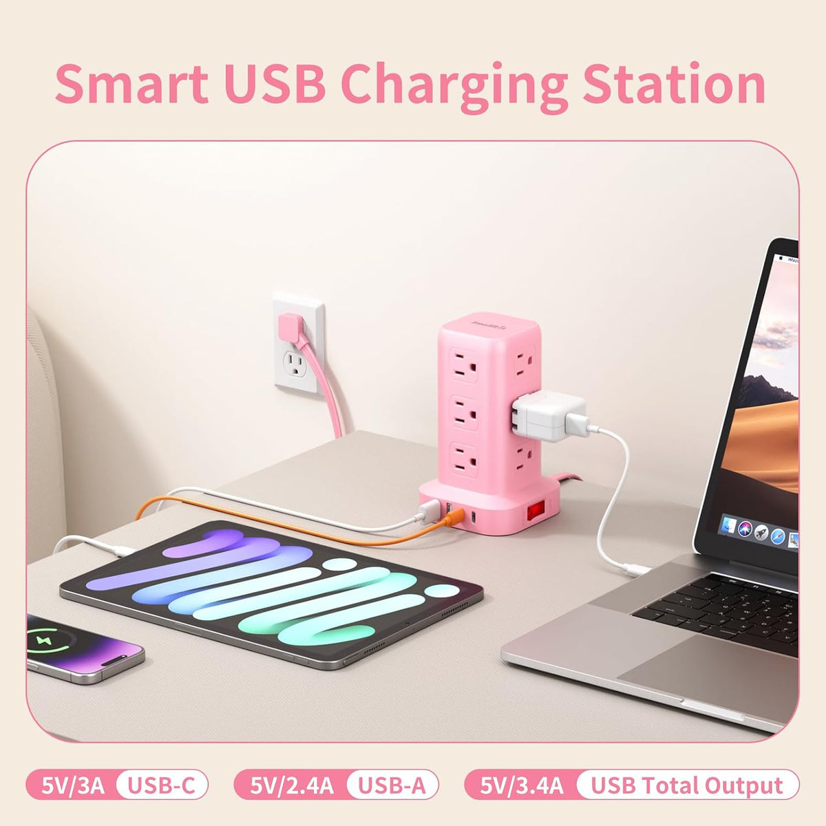 Extension Cord with Multiple Outlets, SMALLRT Power Strip Tower, Outlet Extender with 12 AC Outlets 4 USB, 6.5FT Extension Cord for Home Dorm Room, Office Supplies, Pink