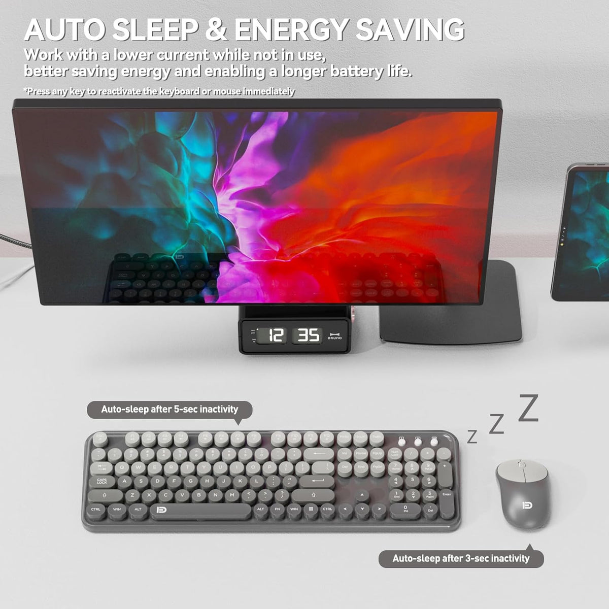Wireless Keyboard and Mouse Combo,Retro Typewriter Bubble Keys,Black Grey