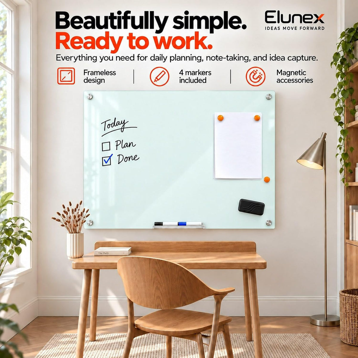 Magnetic Glass Whiteboard, 48 x 36 in, White