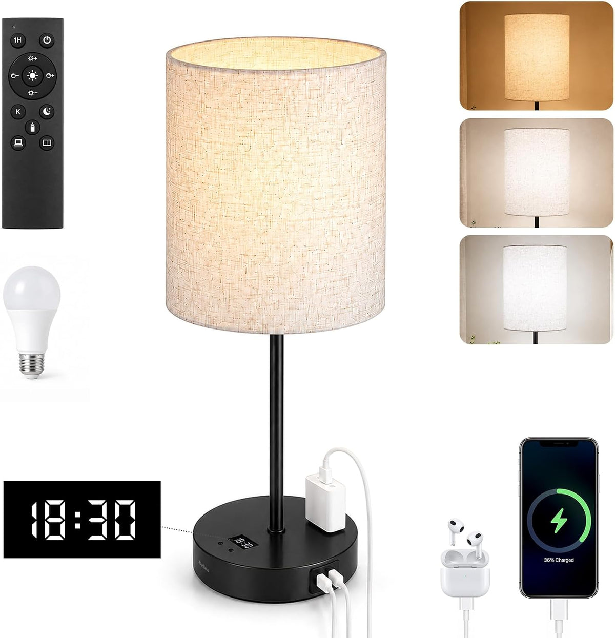 BySea Bedside Table Lamp with Clock, Remote, Touch On/Off, USB & AC Outlet