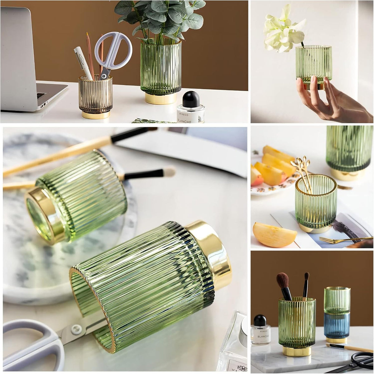 DASITON Makeup Brush holder Organizer, Crystal Cosmetic Makeup Brush Glass Brushes Storage Holder, Vintage Make Up Brush Cup Pen Pencil Holder striped vase(Green S+L)
