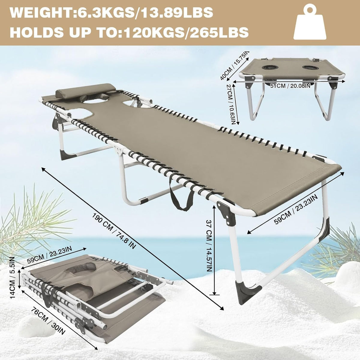 Sun Tanning Chair with Face Hole 5-Position Folding Lounge Chair Outdoor with Portable Beach Table for Poolside Sunbathing Camping Lawn Backyard