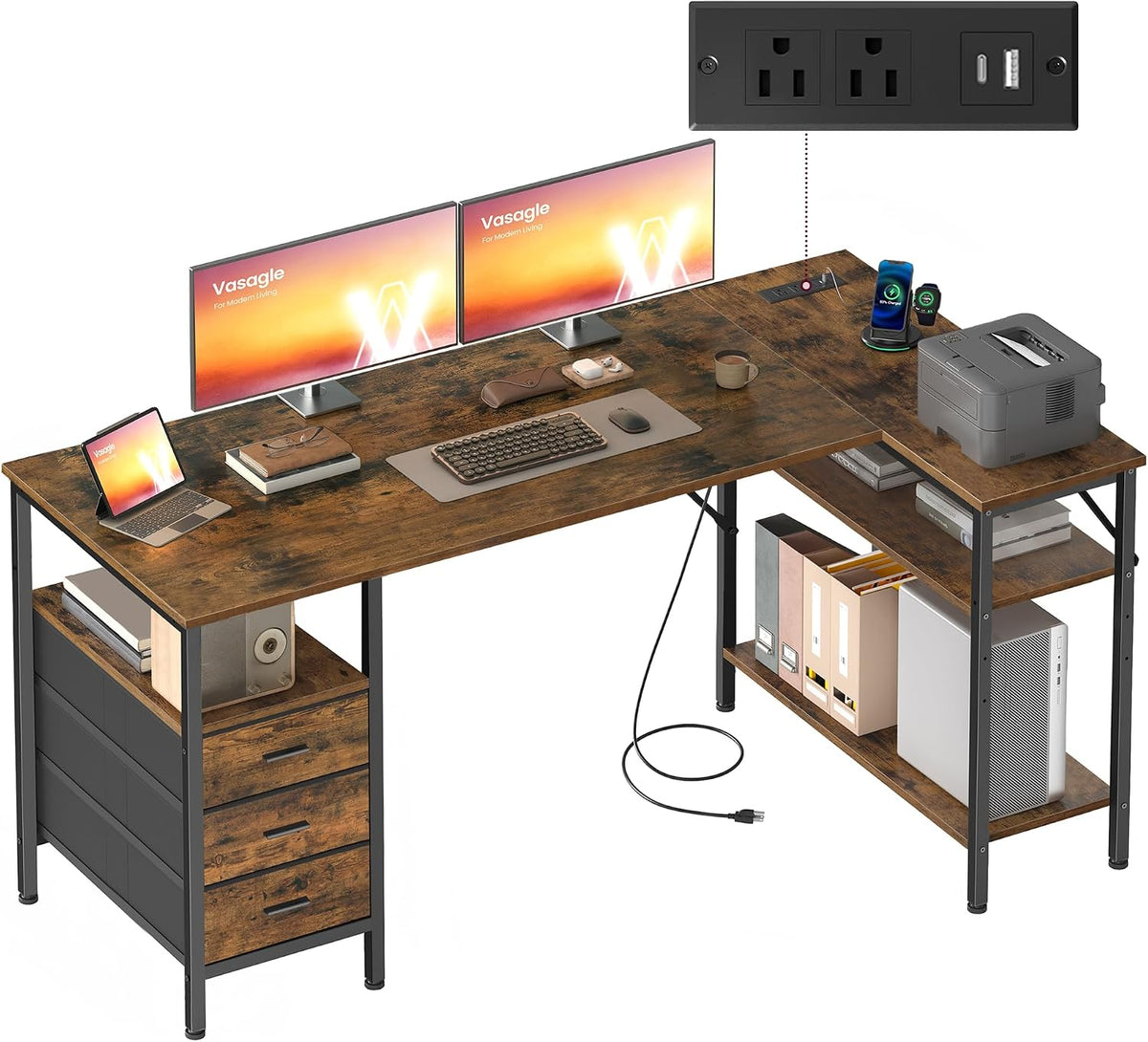 VASAGLE L Shaped Computer Desk with Drawers, Large Gaming Desk with Shelves