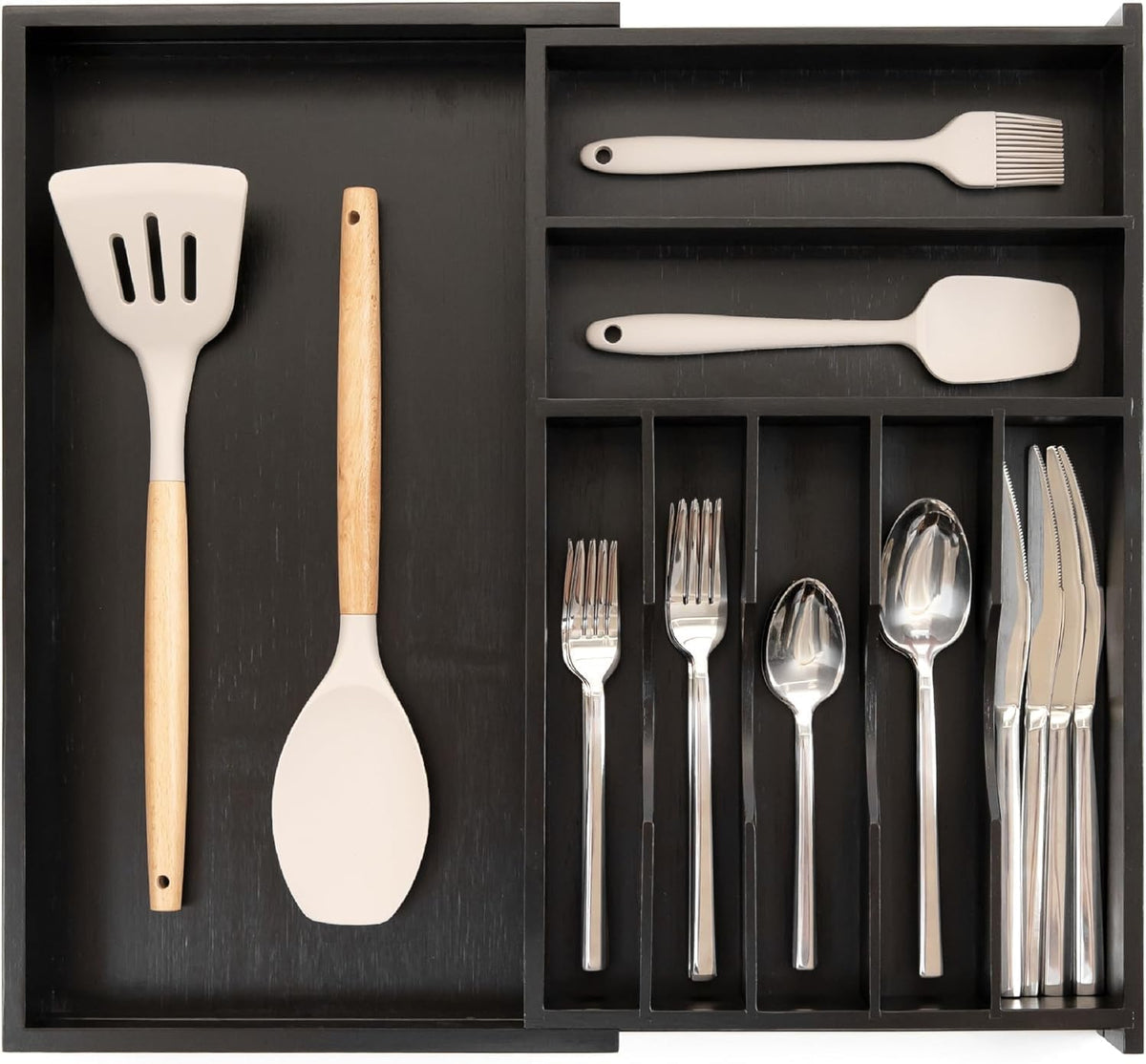 KitchenEdge Silverware & Utensil Drawer Organizer, 10.5-19 in, Black Bamboo