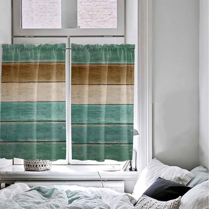 Vintage Plank Turquoise Brown Window Valance Curtains, Farmhouse Wood Grain